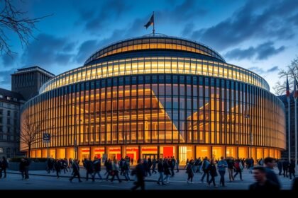 A Gewandhaus koncertterem Lipcsében, éjszakai fényekben