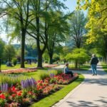 Lipcse Clara-Zetkin Park zöldellő tája virágokkal és sétálókkal