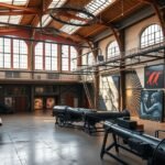 Lipcse Spinnerei kiállítótere művészeti alkotásokkal.