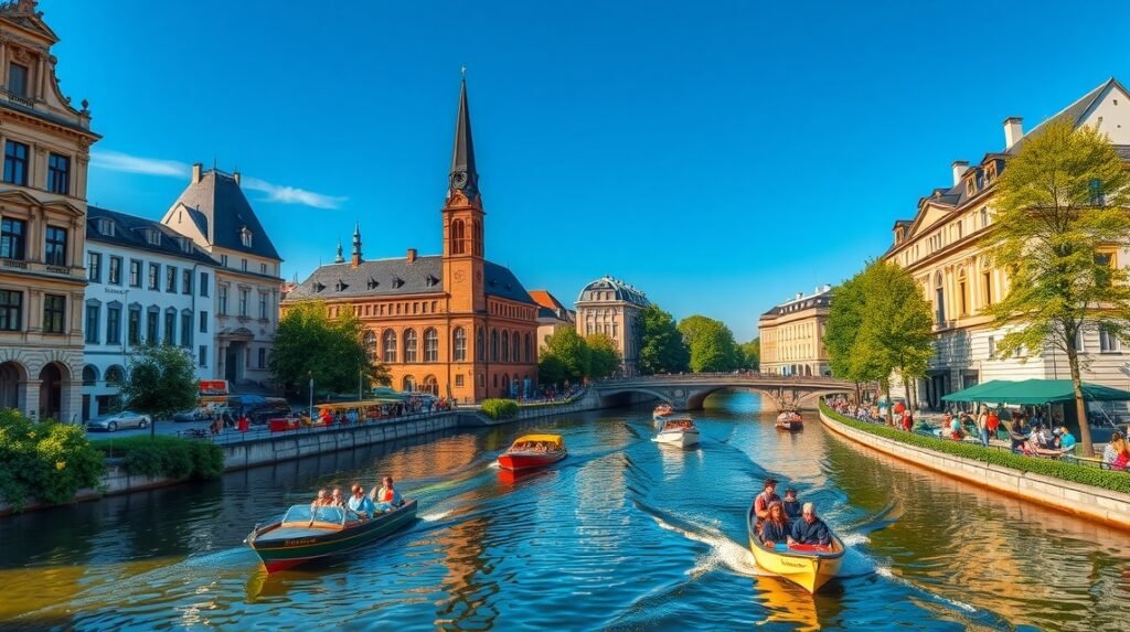 Csónakázás Lipcsén a városi csatornákon történelmi híd mellett.