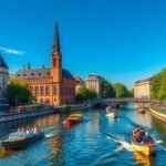 Csónakázás Lipcsén a városi csatornákon történelmi híd mellett.