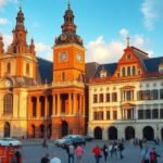 Lipcse városi tér, barokk épületek és óratorony háttérben.