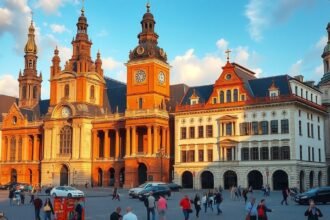 Lipcse városi tér, barokk épületek és óratorony háttérben.