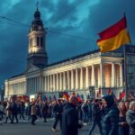 Tömeg vonul Lipcsében a rendszerváltás évfordulóján.