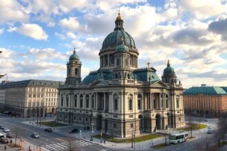 Drezda Frauenkirche gyönyörű nézőpontból, felhős háttérrel