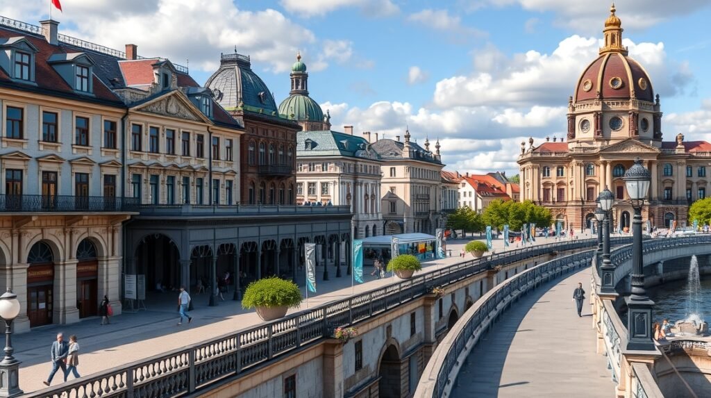 Panoráma a Brühl teraszáról Drezdában, barokk épületekkel.