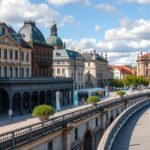 Panoráma a Brühl teraszáról Drezdában, barokk épületekkel.