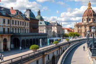 Panoráma a Brühl teraszáról Drezdában, barokk épületekkel.