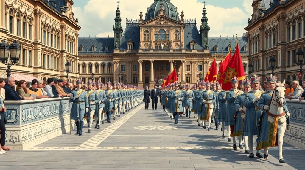 Drezda Fürstenzug eseményeien művészi menetelés az épületek előtt.