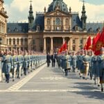 Drezda Fürstenzug eseményeien művészi menetelés az épületek előtt.