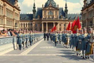 Drezda Fürstenzug eseményeien művészi menetelés az épületek előtt.