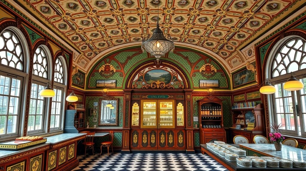 A Pfunds Molkerei, a világ legszebb tejboltja Drezdában, festett csempékkel és antik bútorokkal.