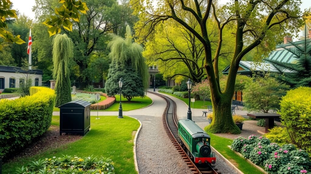 A Nagy Kert kisvasútja Drezdában, zöld fák és virágok között