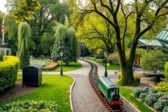 A Nagy Kert kisvasútja Drezdában, zöld fák és virágok között