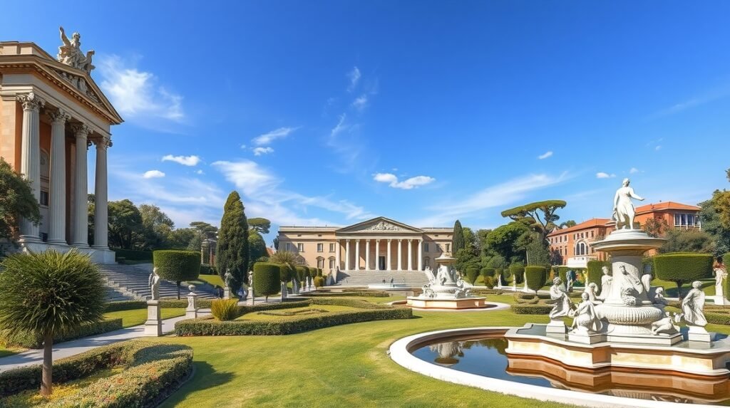 Villa Borghese kertje Róma művészi szobrokkal és tavakkal.