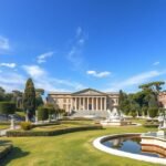 Villa Borghese kertje Róma művészi szobrokkal és tavakkal.