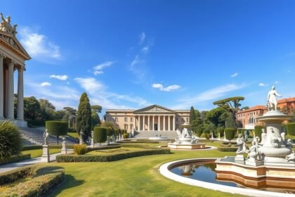 Villa Borghese kertje Róma művészi szobrokkal és tavakkal.