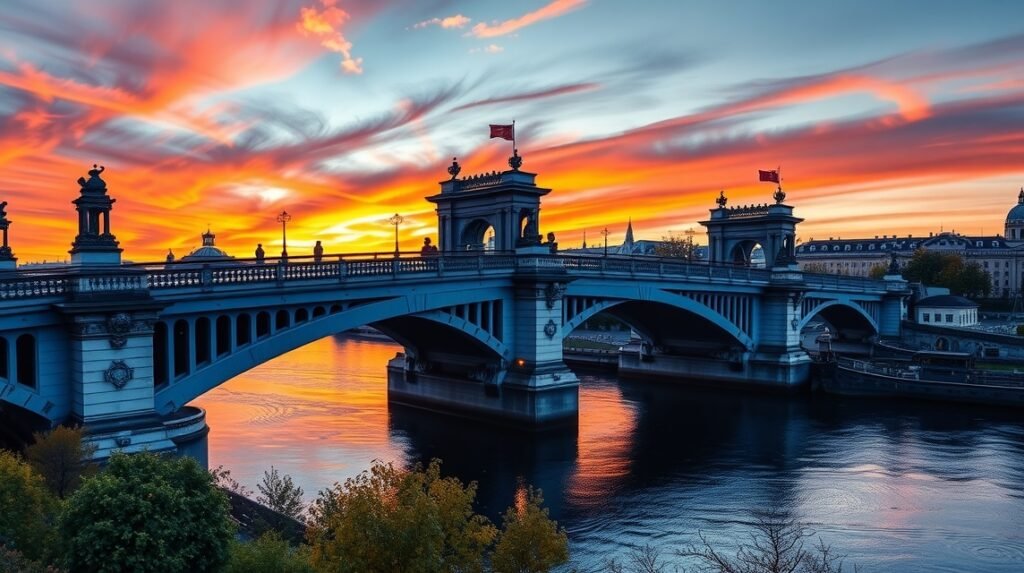 Drezda Kék Csoda hídja lenyűgöző naplementében