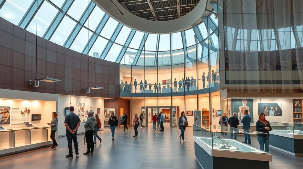 A Német Higiéniai Múzeum belső terei interaktív kiállításokkal.