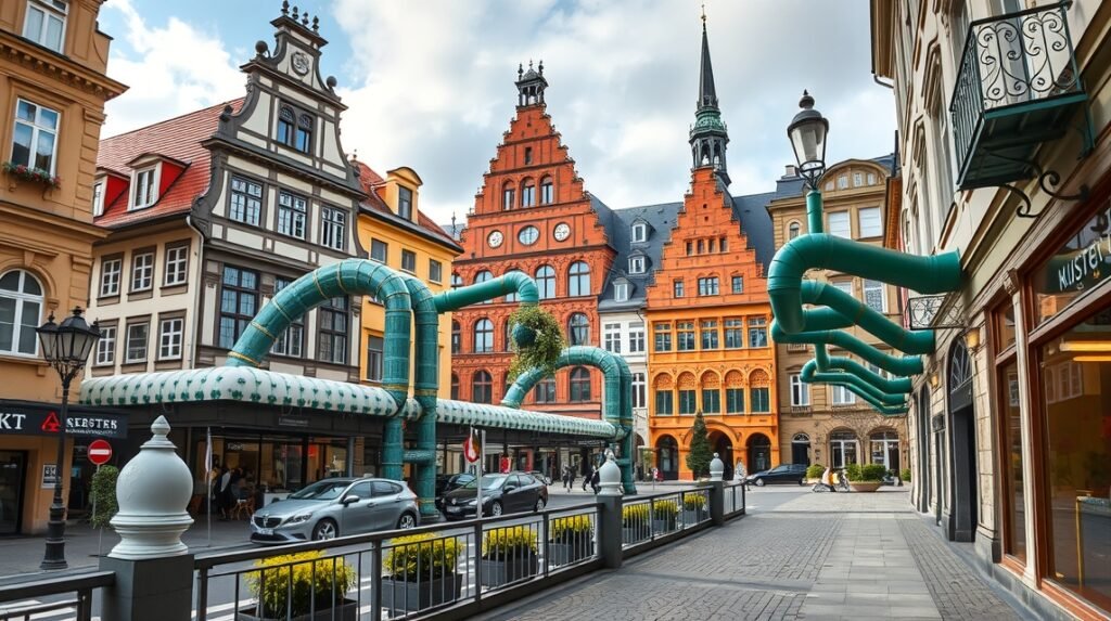 Kunsthofpassage Drezdában, éneklő ereszcsatornákkal és színes épületekkel.