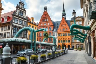 Kunsthofpassage Drezdában, éneklő ereszcsatornákkal és színes épületekkel.