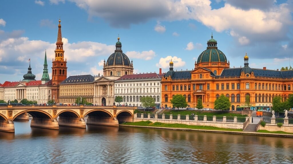 Drezda városképe az Elba partján, barokk épületekkel és híddal.