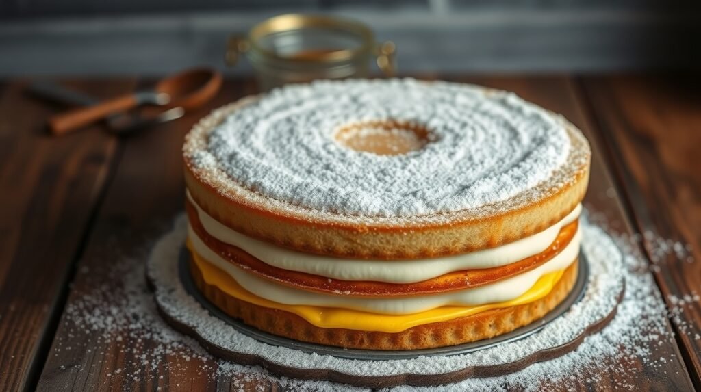 Drezdai Eierschecke sütemény, lágy túrós középréteggel és tojáskrémmel.