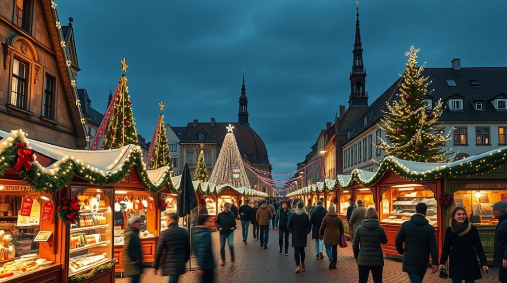 Drezda karácsonyi vásár a Striezelmarkt fényes estéjén.
