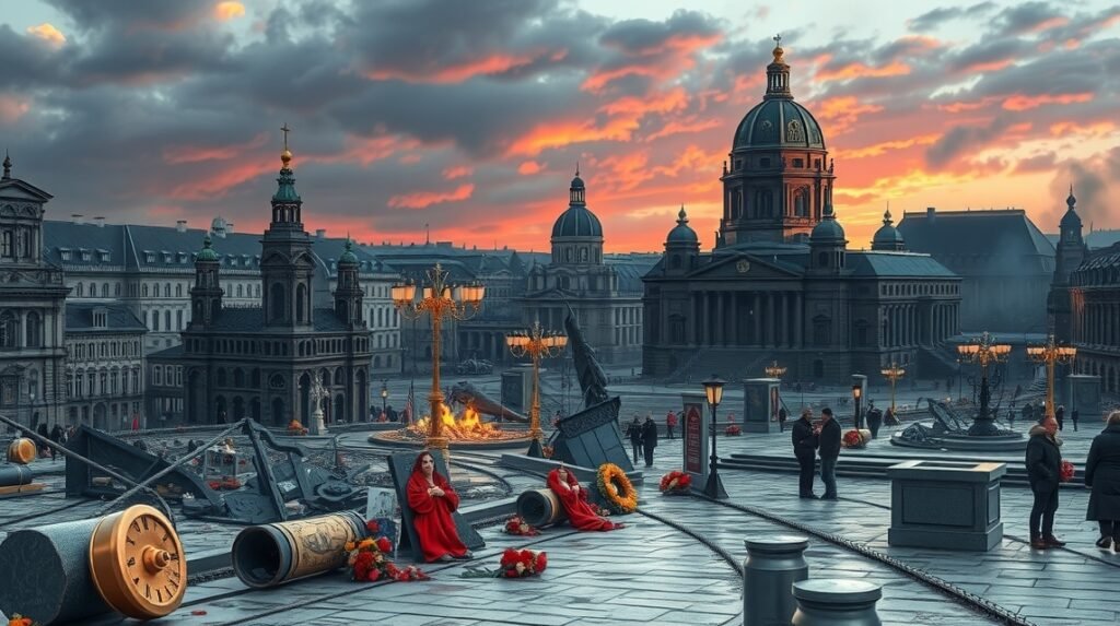 Drezda 1945 emlékhelye, romok és gyász, történelmi események.