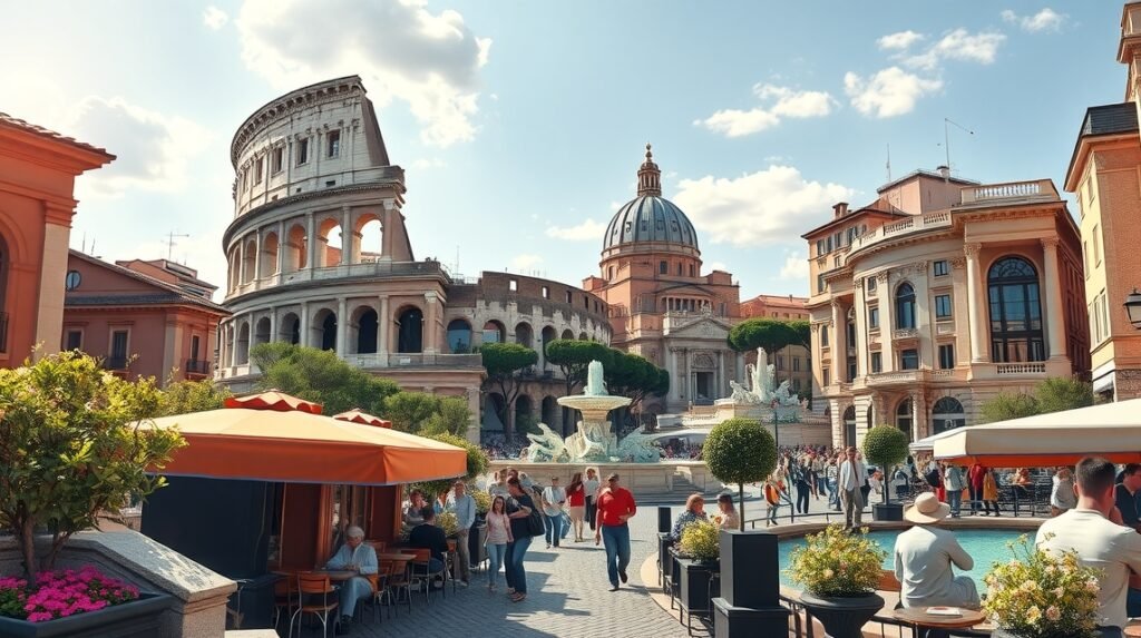 Róma híres látnivalói a tavaszi napsütésben, teraszokkal és virágzó kertekkel.