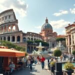 Róma híres látnivalói a tavaszi napsütésben, teraszokkal és virágzó kertekkel.