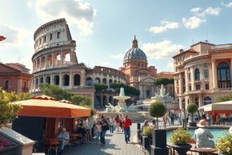 Róma híres látnivalói a tavaszi napsütésben, teraszokkal és virágzó kertekkel.