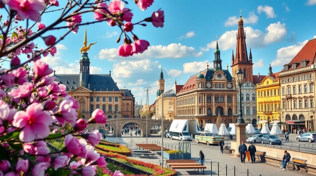 Drezda városképe virágzó fák és napsütés alatt