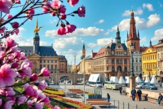 Drezda városképe virágzó fák és napsütés alatt