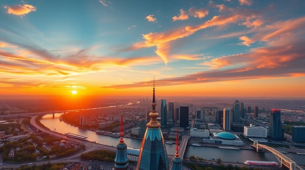 Naplemente Frankfurt felett a Main Tower kilátójából