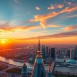 Naplemente Frankfurt felett a Main Tower kilátójából