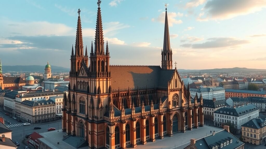 A Szent Bertalan-dóm panorámás kilátása Frankfurtban naplementekor.