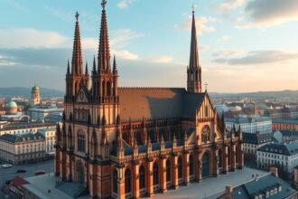 A Szent Bertalan-dóm panorámás kilátása Frankfurtban naplementekor.