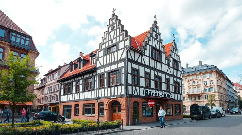 Goethe szülőháza Frankfurtban, hagyományos német építészettel.