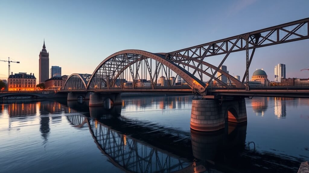 Eiserner Steg híd Frankfurtban a Majna folyó felett naplementében