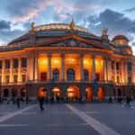A Frankfurt Régi Opera (Alte Oper) épülete a város szívében, este kivilágítva.