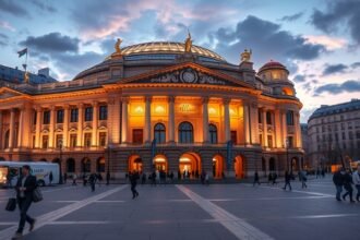 A Frankfurt Régi Opera (Alte Oper) épülete a város szívében, este kivilágítva.