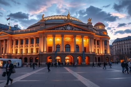 A Frankfurt Régi Opera (Alte Oper) épülete a város szívében, este kivilágítva.