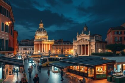 Róma esti élet a Piazza Navonán, világító épületekkel és éttermekkel.