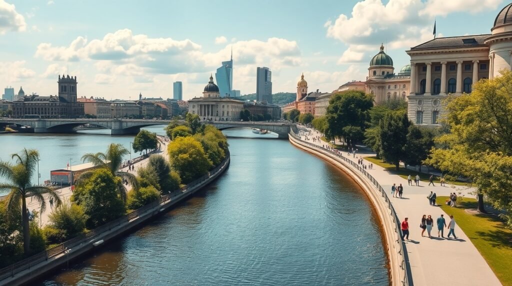 Frankfurti Múzeumpart és a Majna folyó panorámája séta közben.