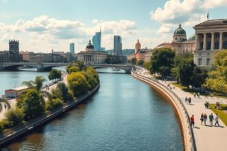 Frankfurti Múzeumpart és a Majna folyó panorámája séta közben.