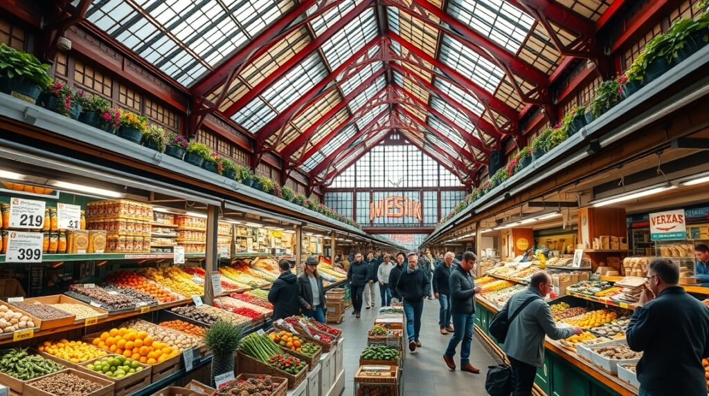 A Kleinmarkthalle piaca Frankfurtban, friss gyümölcsökkel és zöldségekkel.