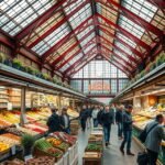 A Kleinmarkthalle piaca Frankfurtban, friss gyümölcsökkel és zöldségekkel.