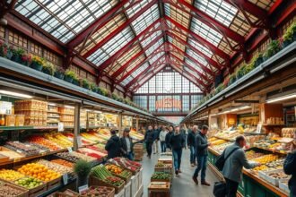 A Kleinmarkthalle piaca Frankfurtban, friss gyümölcsökkel és zöldségekkel.
