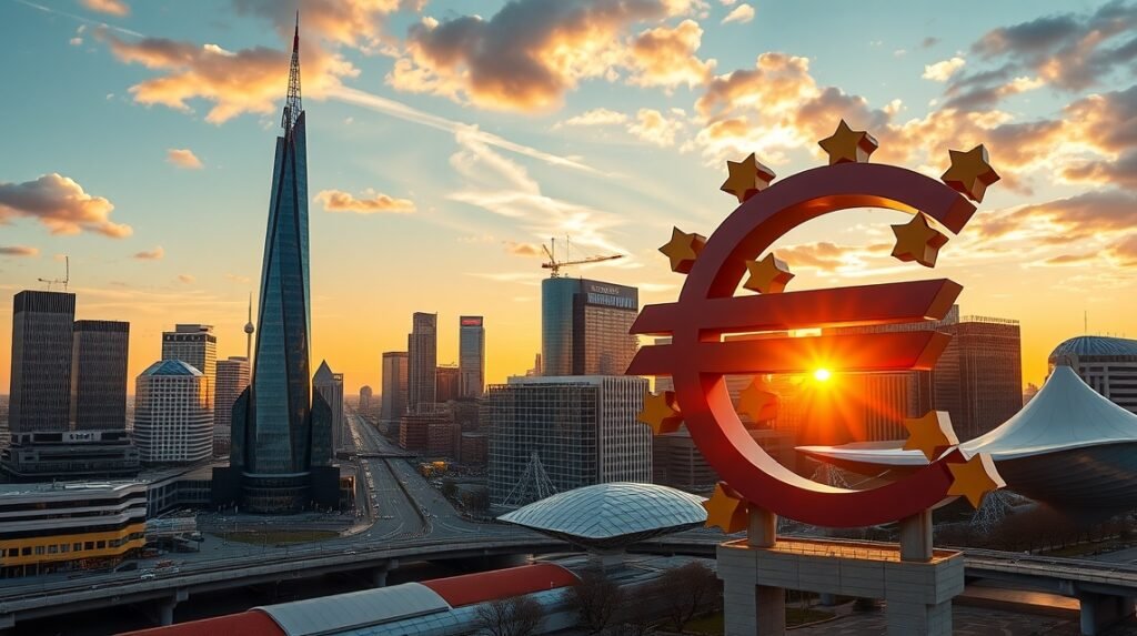 Frankfurt Eurotower és Euro-szimbólum naplemente fényében